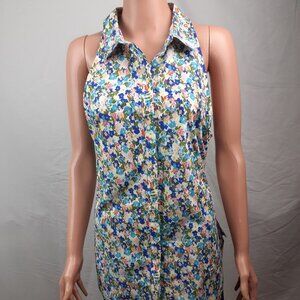 Anthropologie Maeve Sleeveless Floral Long Top Blouse Floral Blue Tones Sz L NWT